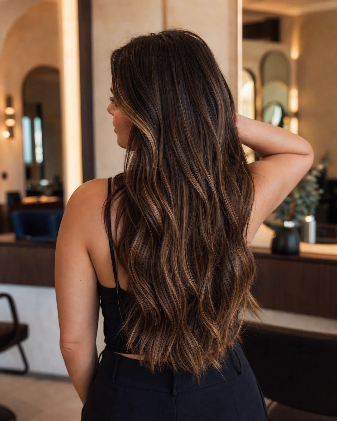 Editorial view of long dimensional brunette hair